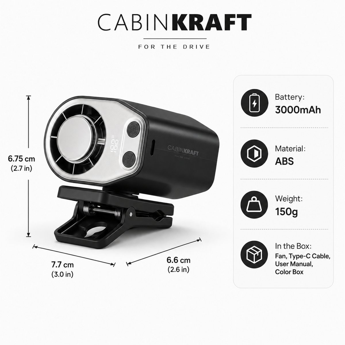 CabinKraft rechargeable car clip-on fan with LED display and 360-degree rotation - product view 10