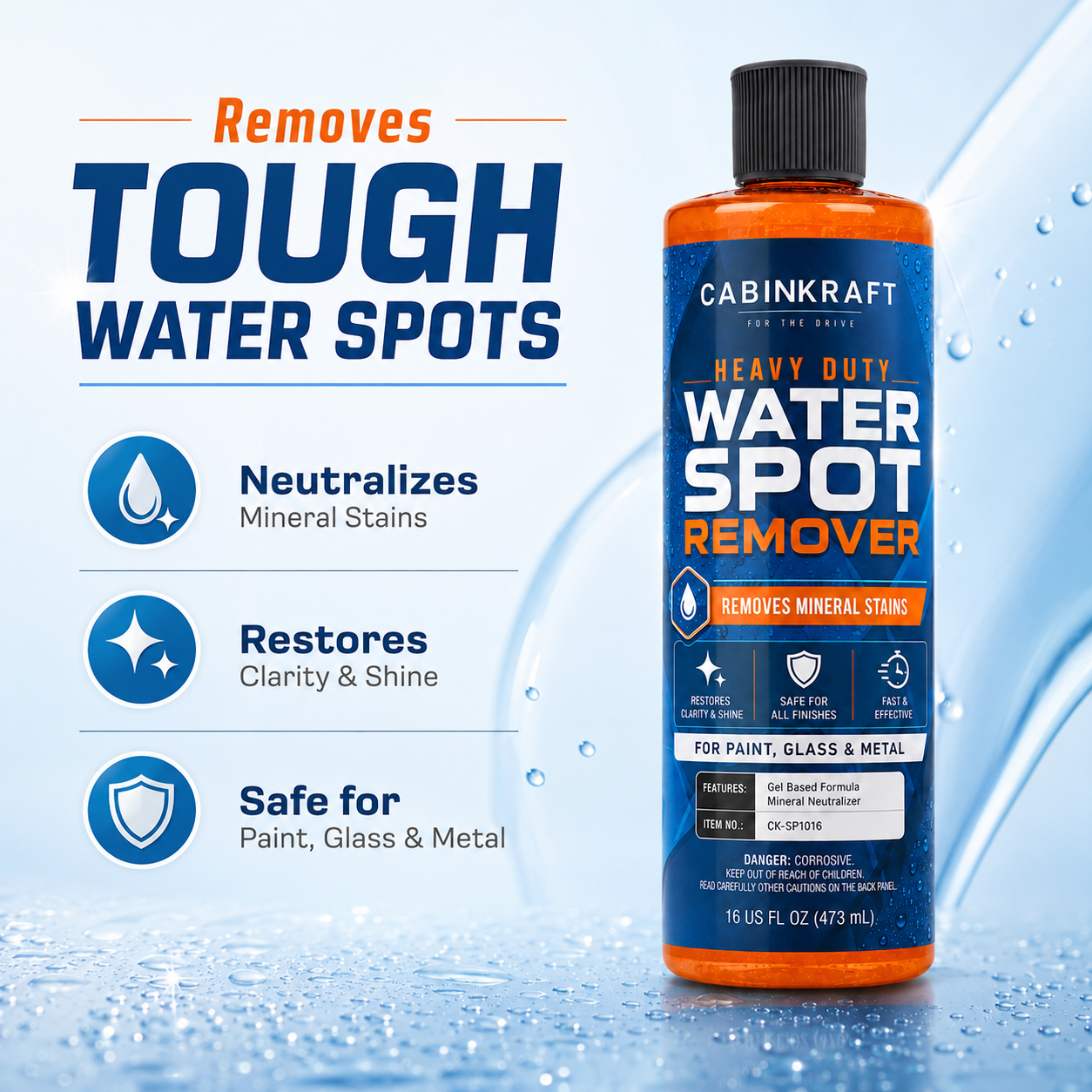 Spraying CabinKraft water spot remover on car glass