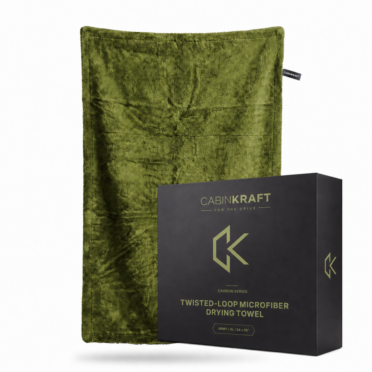 Army green twisted-loop drying towel — full product view