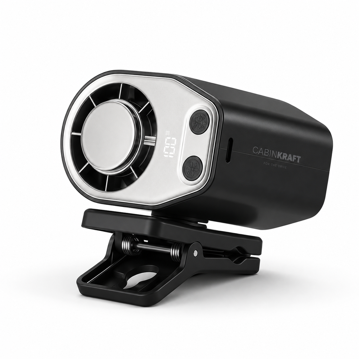 CabinKraft rechargeable car clip-on fan with LED display and 360-degree rotation