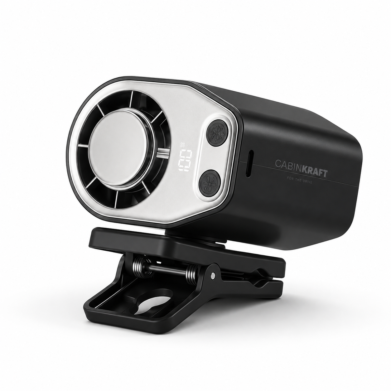 CabinKraft rechargeable car clip-on fan with LED display and 360-degree rotation