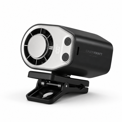 CabinKraft rechargeable car clip-on fan with LED display and 360-degree rotation