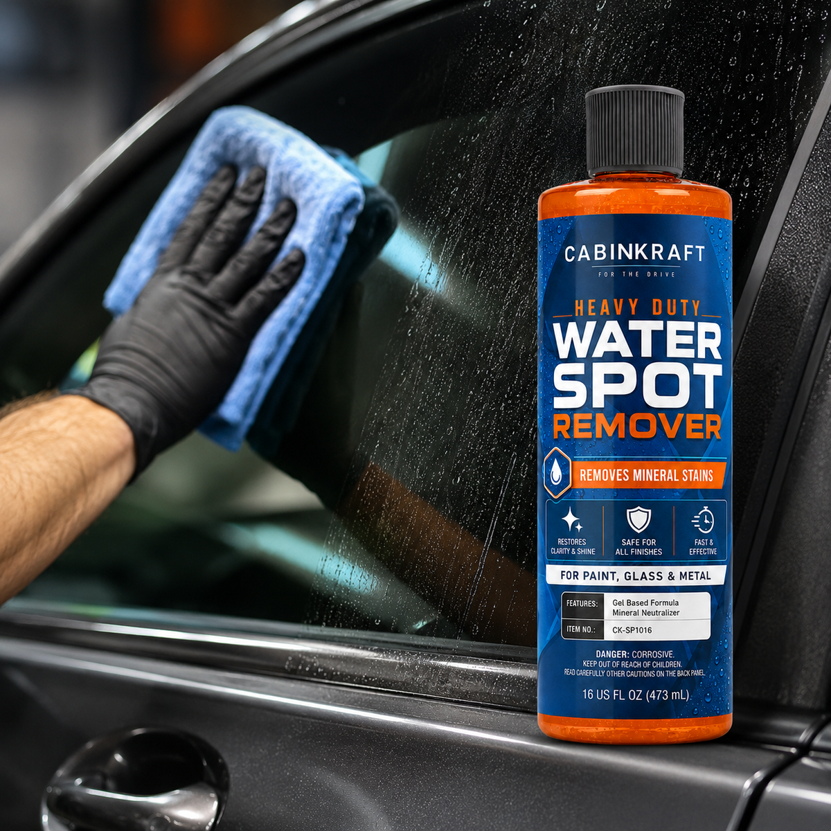 Buffing water spots off car hood with microfiber cloth