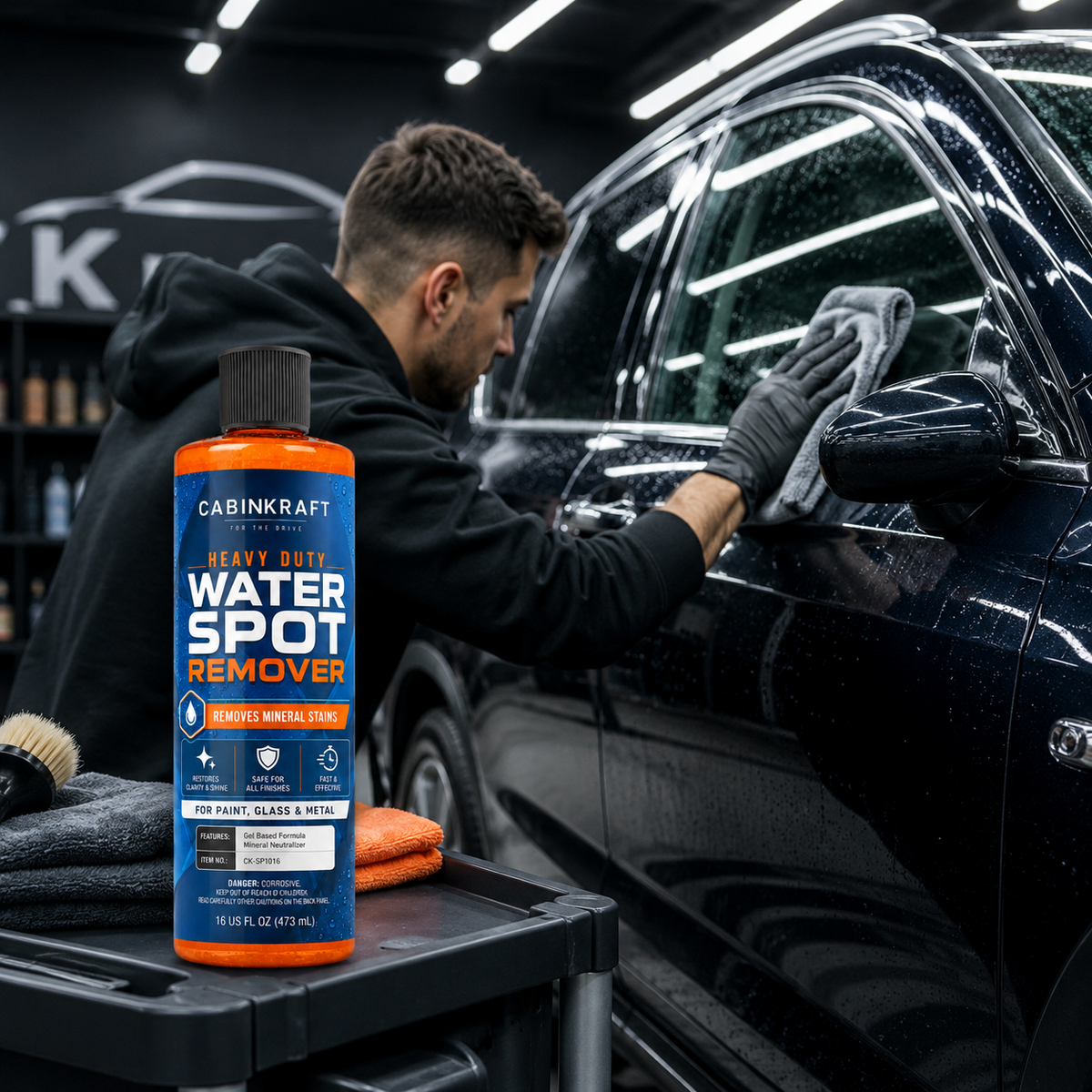 Spot remover applied to car wheel — suds lifting calcium scale