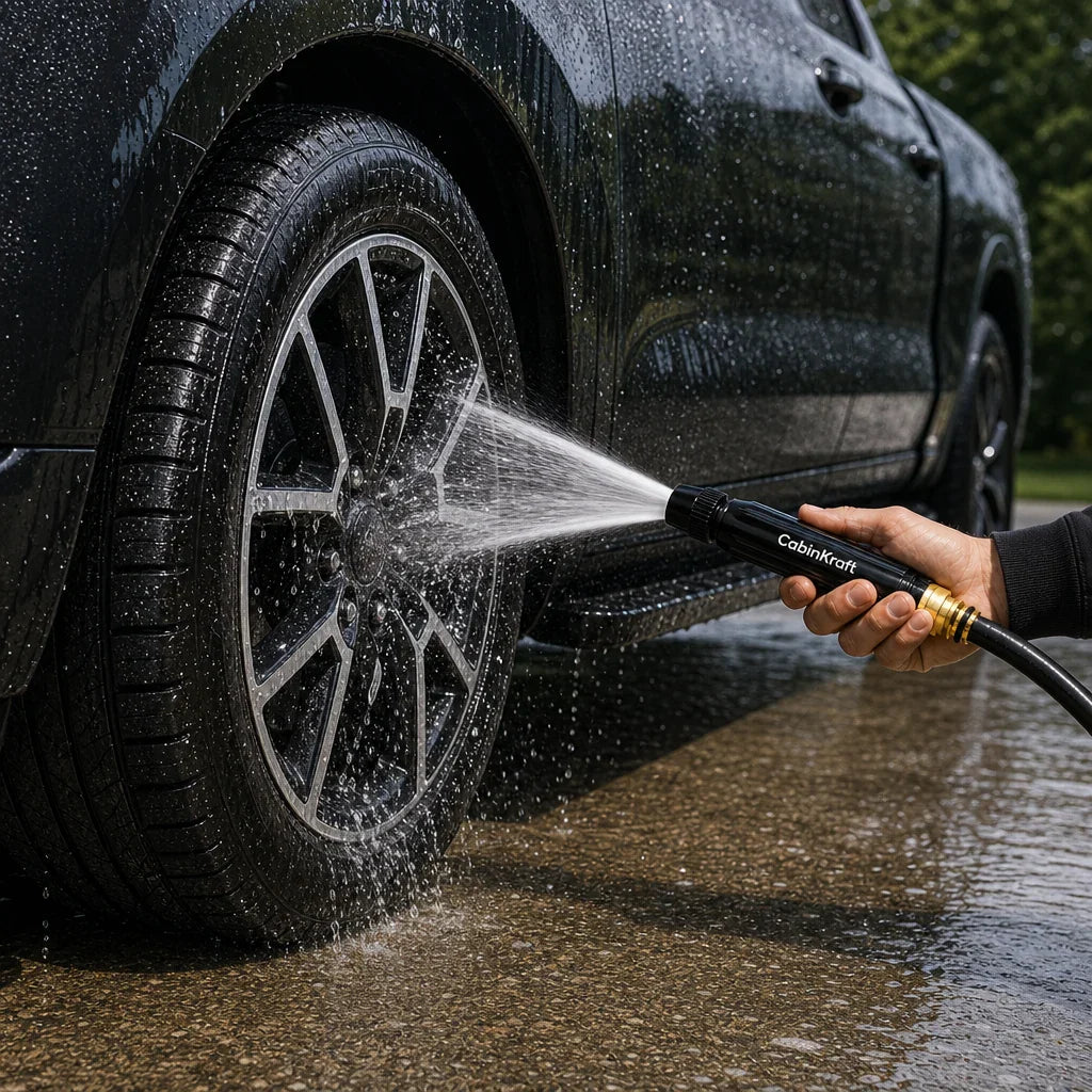 Car wash spray tool rinsing a wet wheel and tire.