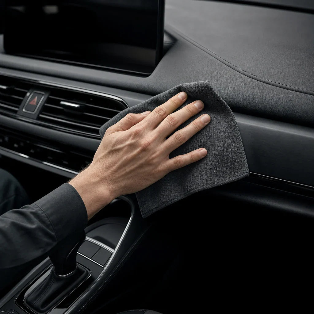 Microfiber cloth wiping a clean car dashboard and interior trim.