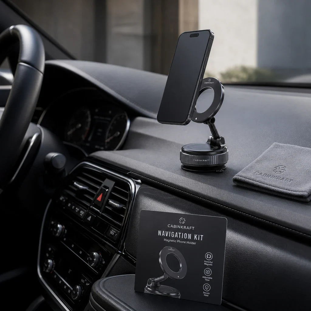 Phone mount navigation kit arranged on a clean car dashboard.