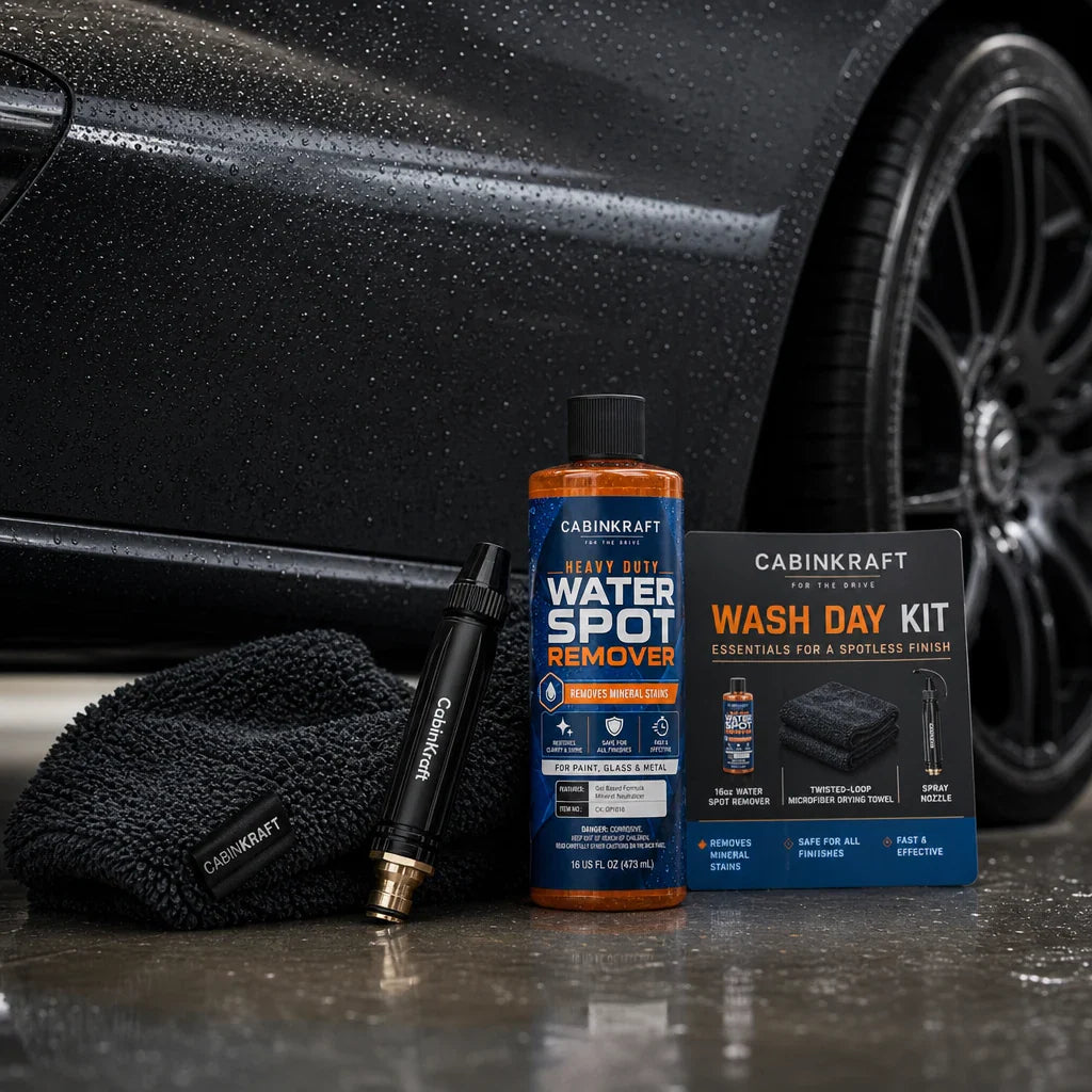 Wash day kit with spray and car care tools for driveway detailing.