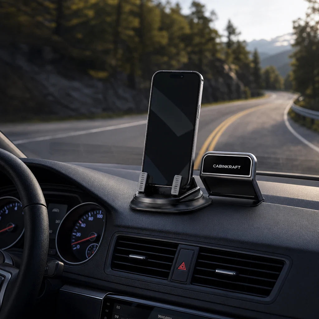 CabinKraft phone mount holding a smartphone on a car dashboard