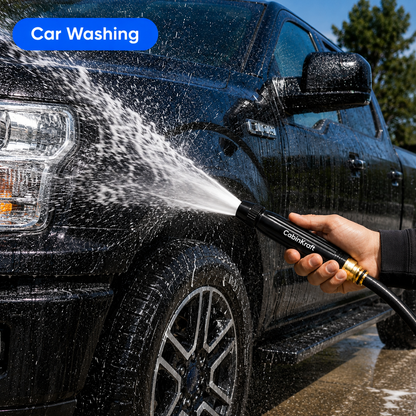 Spray gun attached to standard garden hose — quick-connect fitting